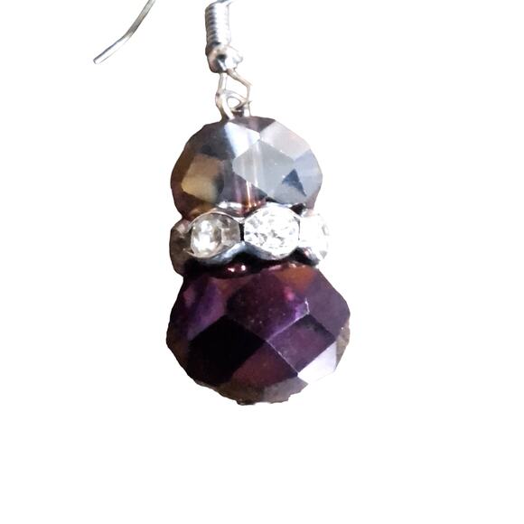 Purple Crystal Dangle Earrings Rhinestone Rondelles Fishhook Ear Wires - Picture 2 of 4